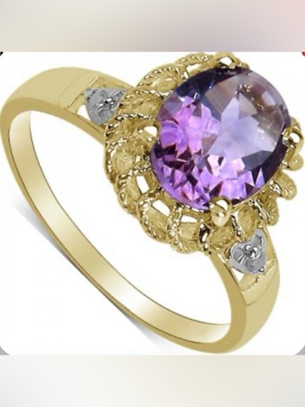 14K Yellow Gold Over
Solid Sterling Silver Diamonds and 1.8 CTW Amethyst Size 7